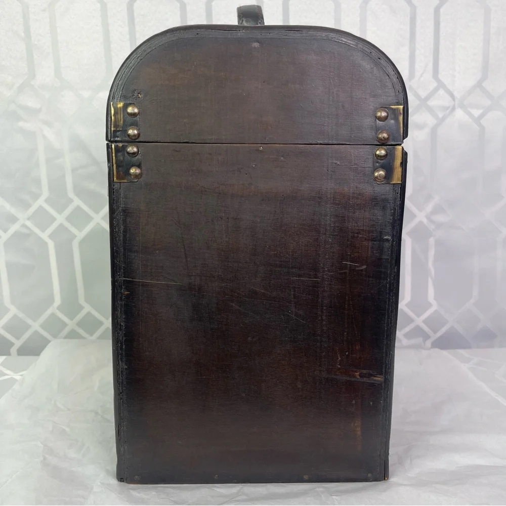 Vintage Style Wooden Wine Carrier Trunk Tooled Leather Straps Large Gift Box